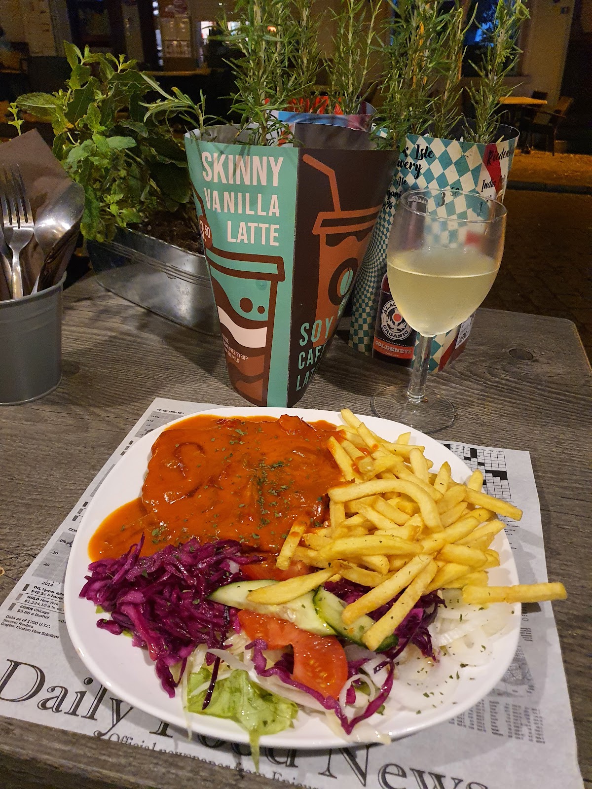 Chicken schnitzel plate with fries and salad